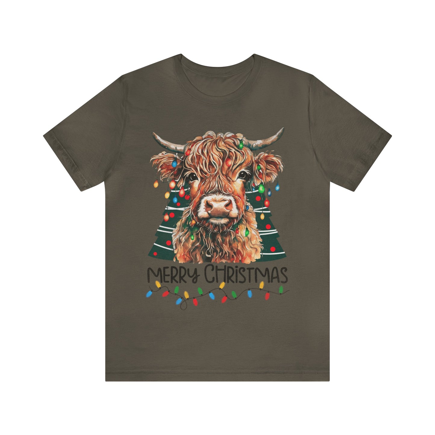Merry Christmas Highland Cow Christmas Lights Tree Unisex Jersey Short Sleeve Tee