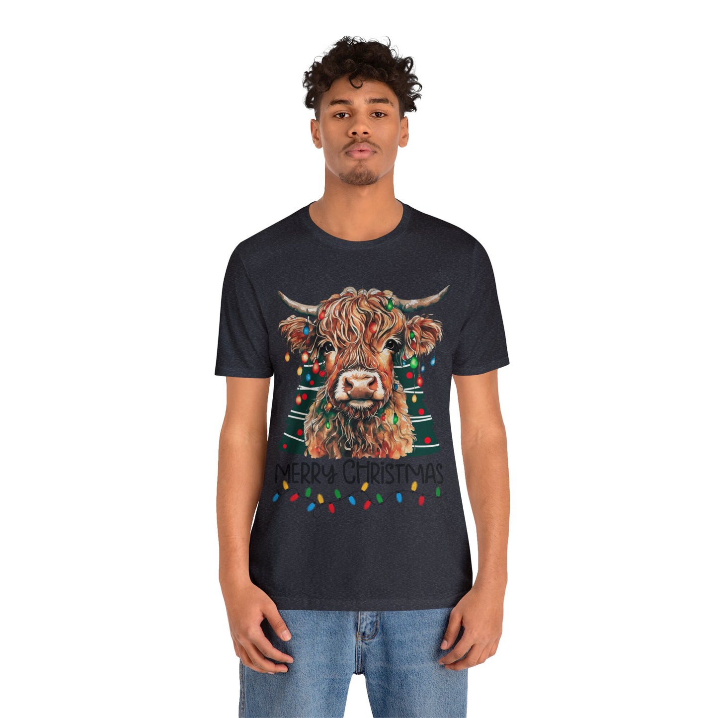 Merry Christmas Highland Cow Christmas Lights Tree Unisex Jersey Short Sleeve Tee