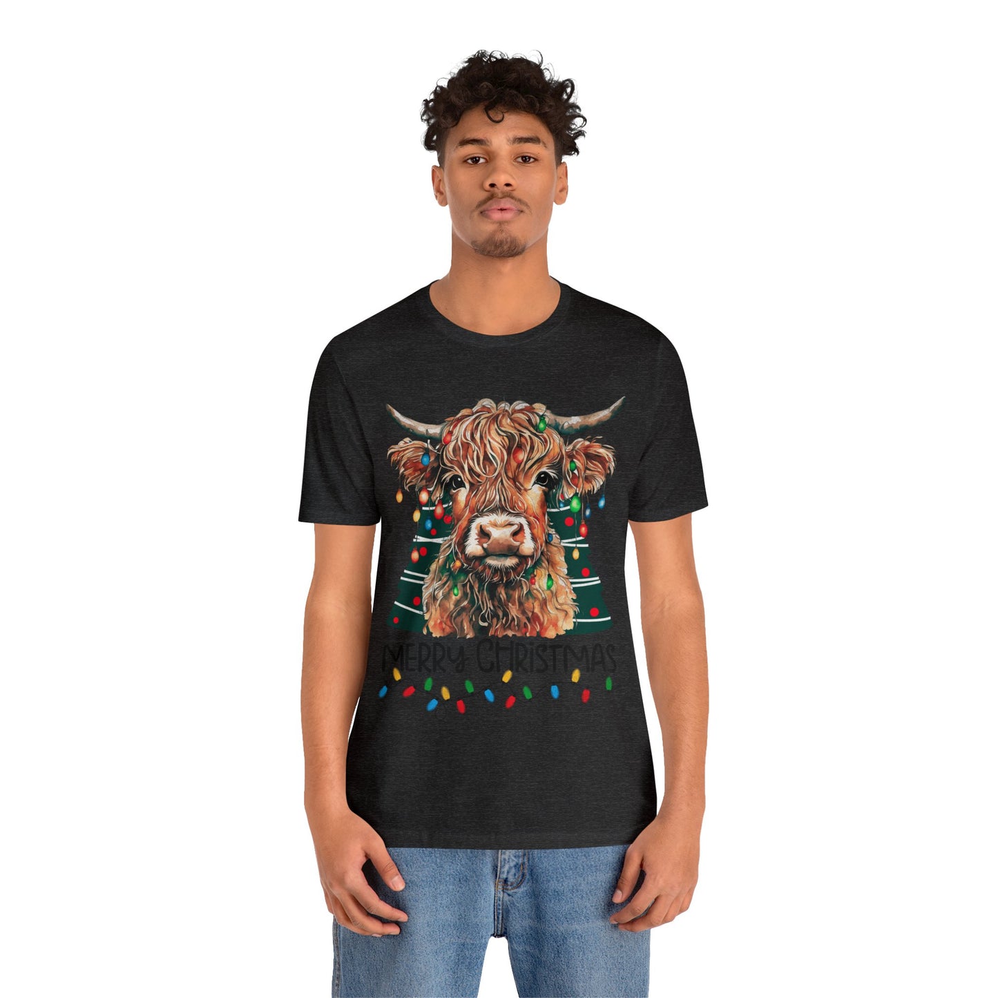 Merry Christmas Highland Cow Christmas Lights Tree Unisex Jersey Short Sleeve Tee
