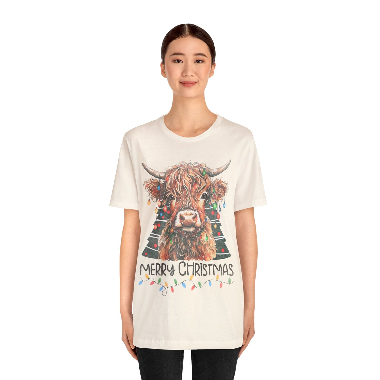 Merry Christmas Highland Cow Christmas Lights Tree Unisex Jersey Short Sleeve Tee