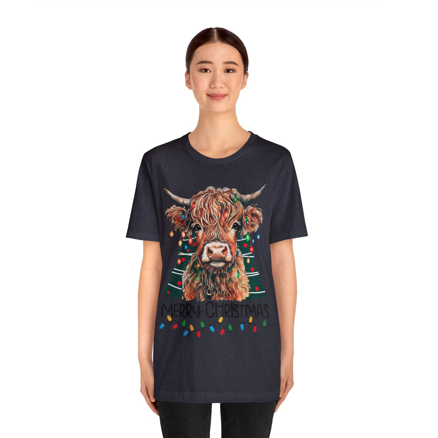 Merry Christmas Highland Cow Christmas Lights Tree Unisex Jersey Short Sleeve Tee