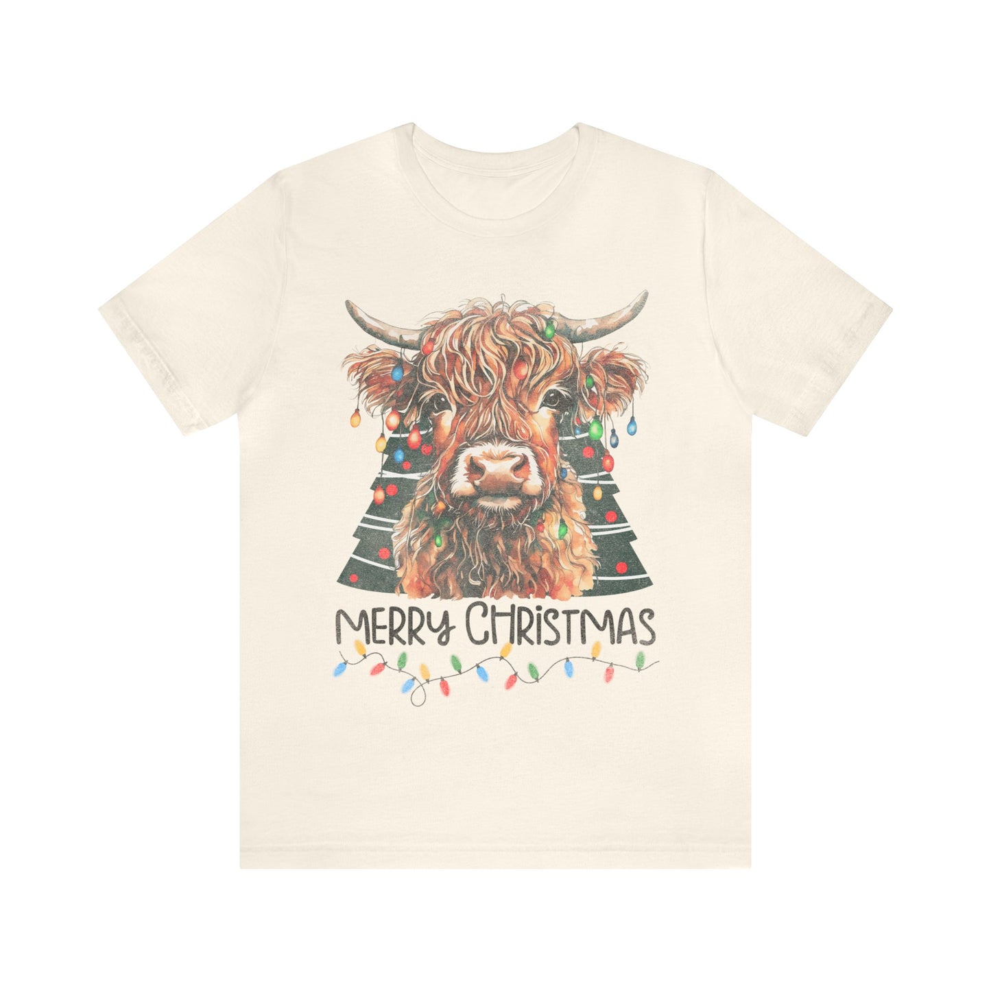 Merry Christmas Highland Cow Christmas Lights Tree Unisex Jersey Short Sleeve Tee