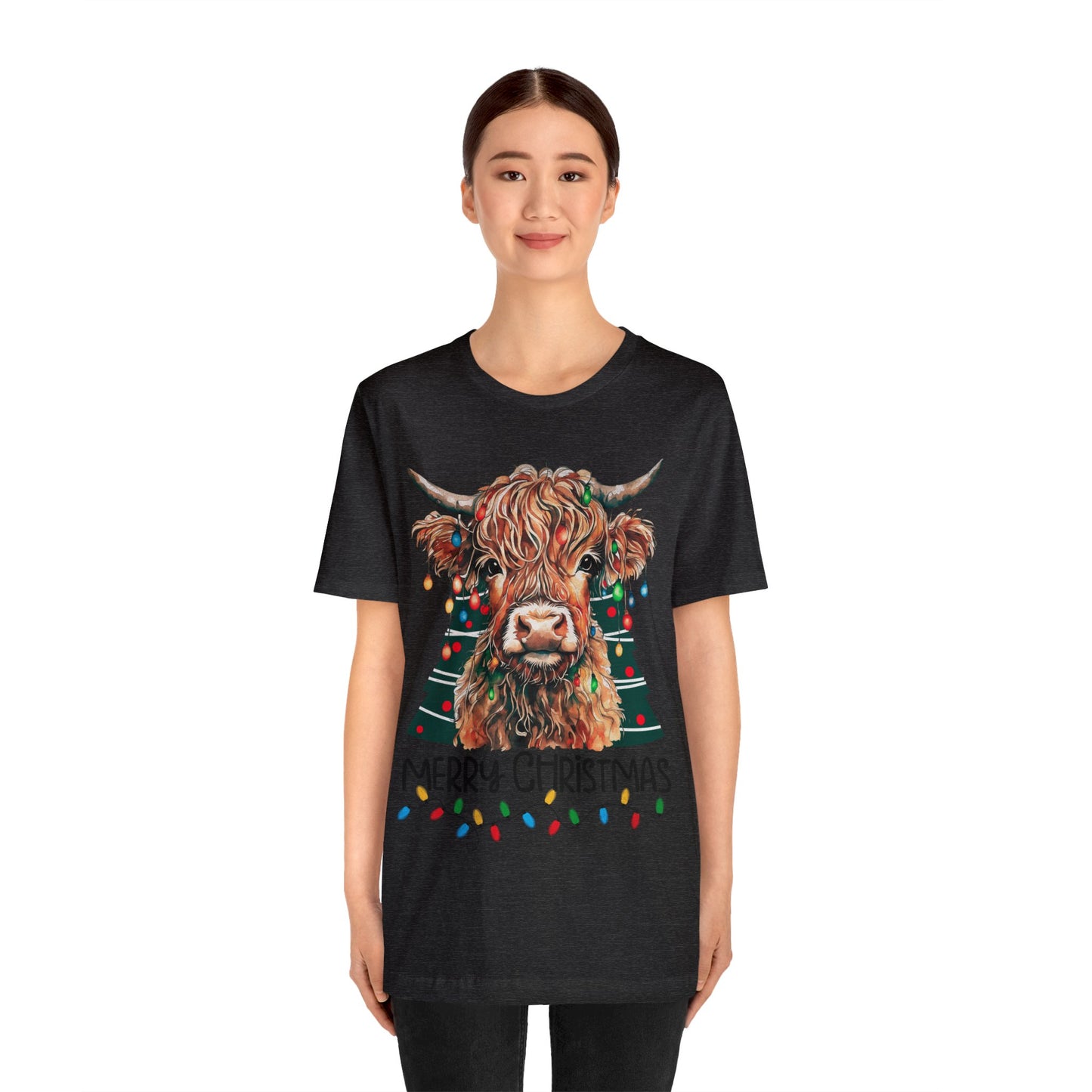 Merry Christmas Highland Cow Christmas Lights Tree Unisex Jersey Short Sleeve Tee