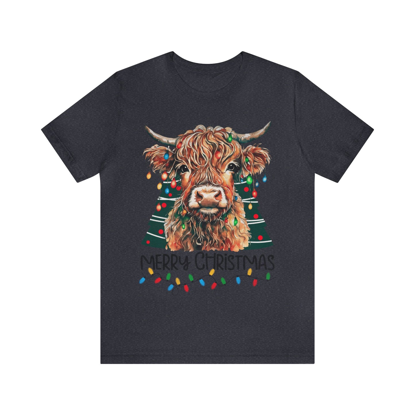Merry Christmas Highland Cow Christmas Lights Tree Unisex Jersey Short Sleeve Tee