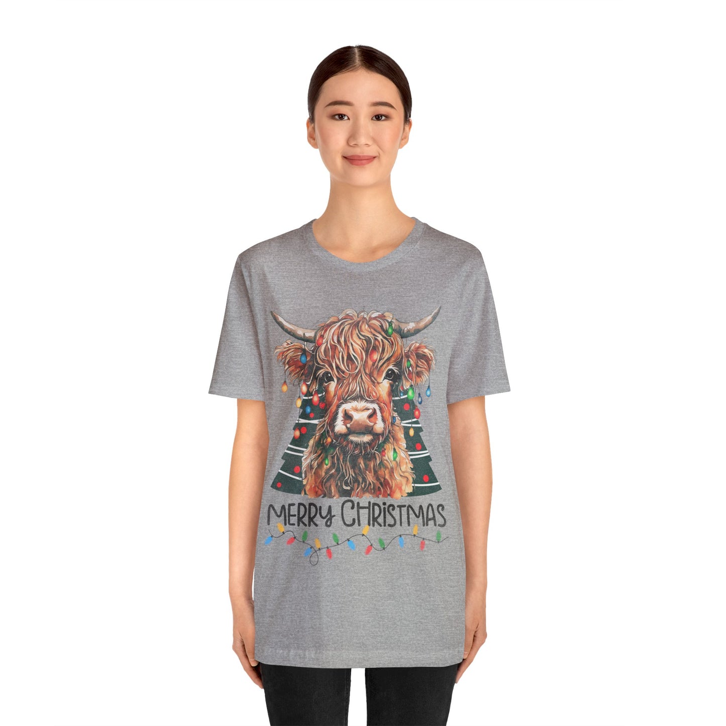 Merry Christmas Highland Cow Christmas Lights Tree Unisex Jersey Short Sleeve Tee