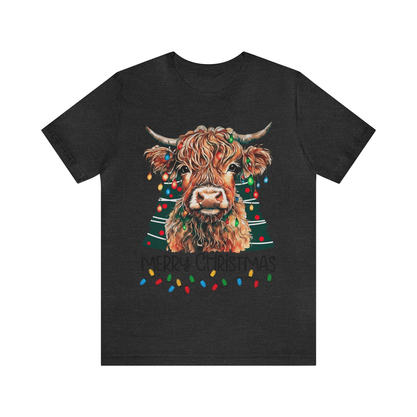 Merry Christmas Highland Cow Christmas Lights Tree Unisex Jersey Short Sleeve Tee