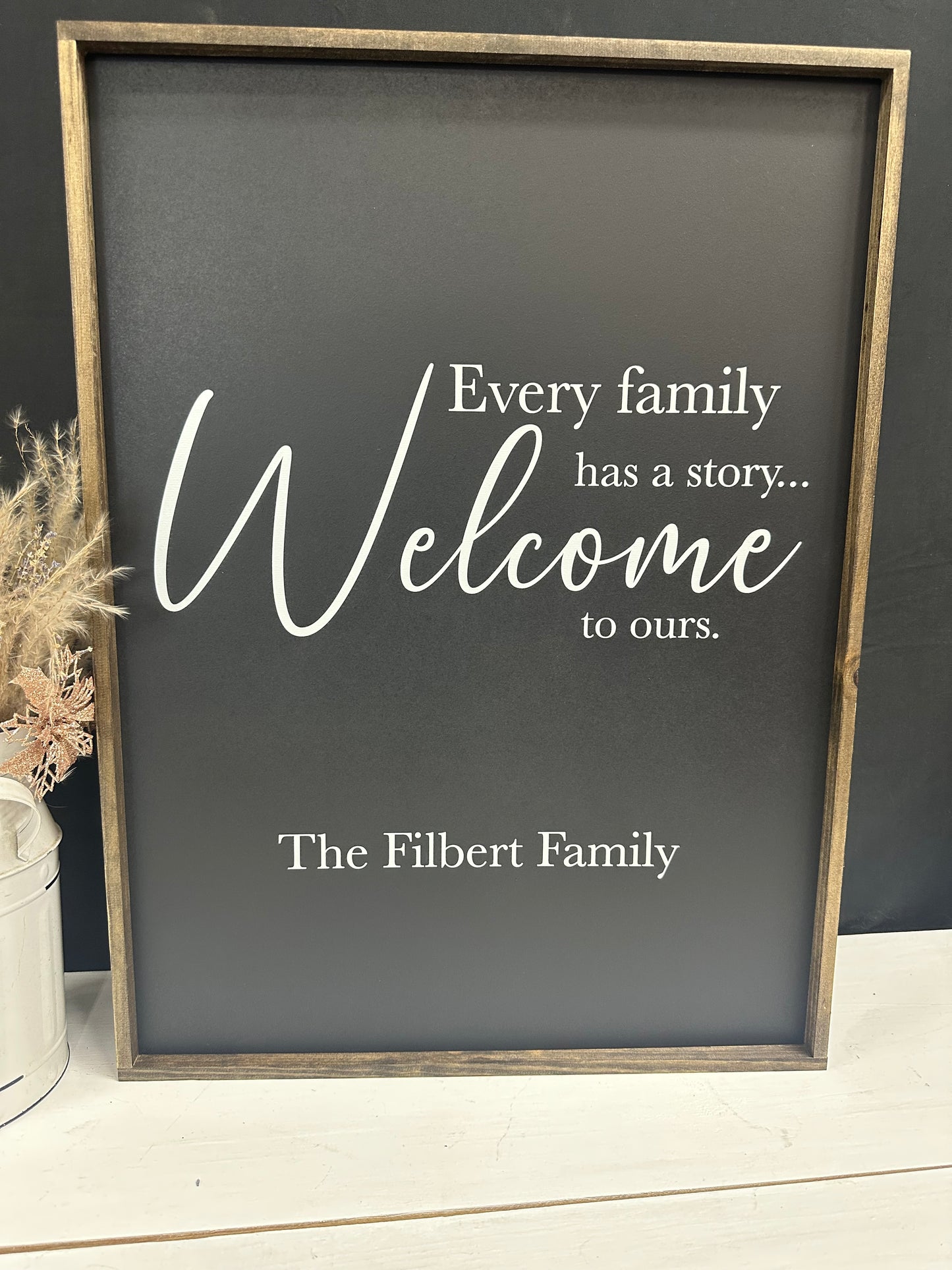 Every family has a story welcome to ours last name family wood sign