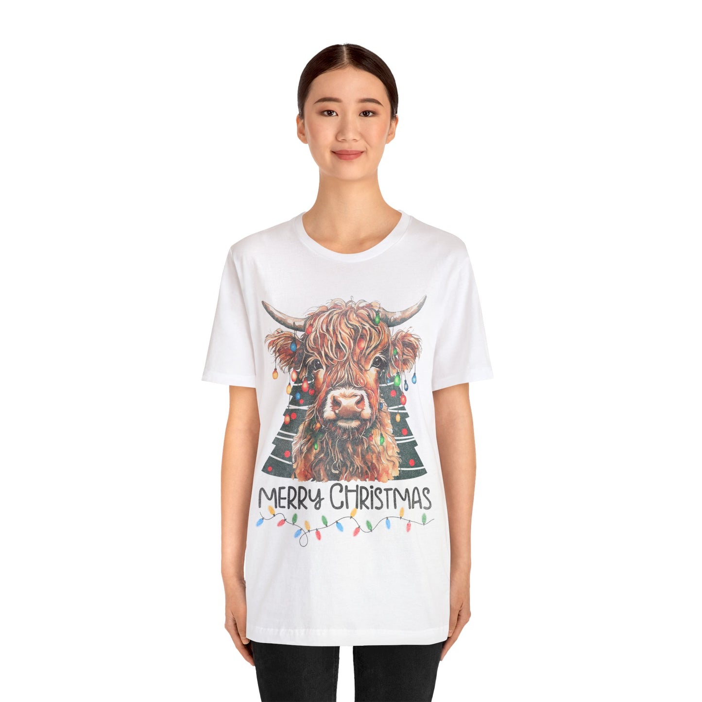 Merry Christmas Highland Cow Christmas Lights Tree Unisex Jersey Short Sleeve Tee