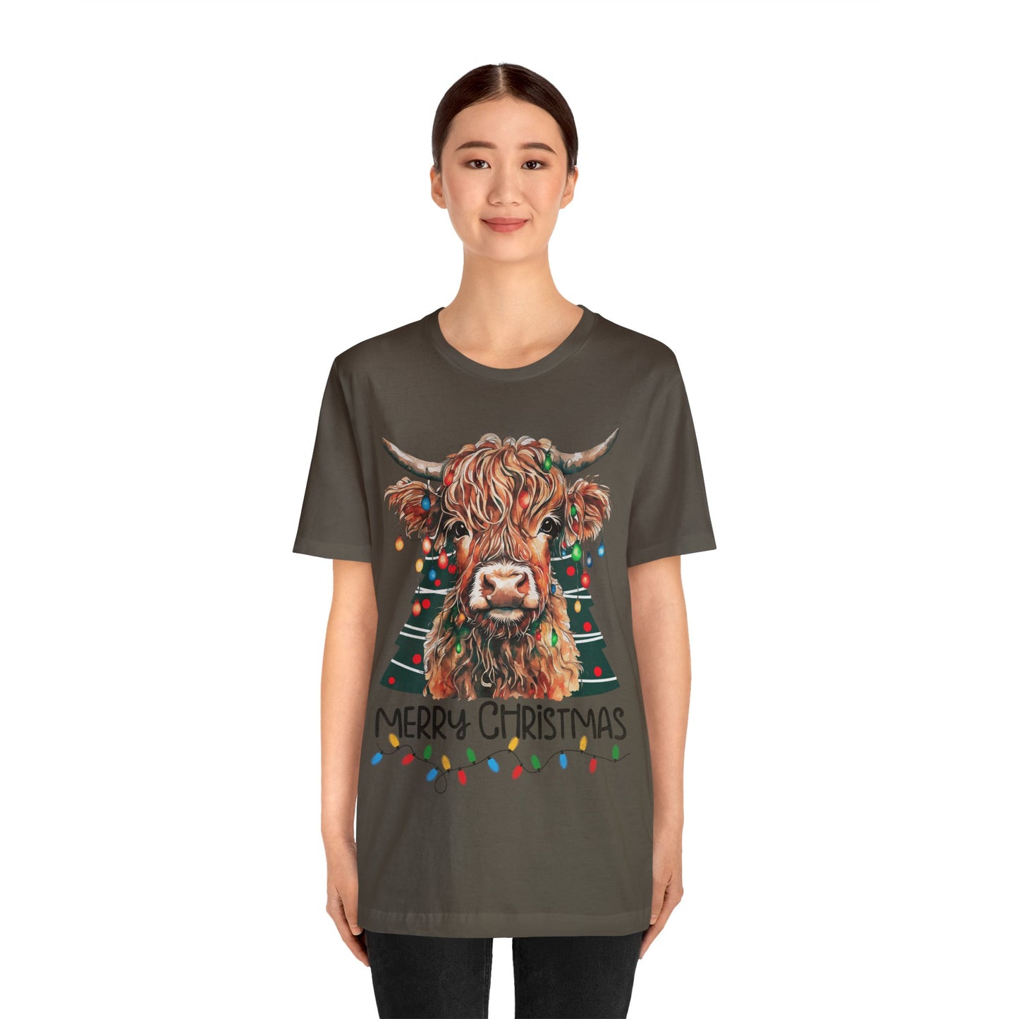 Merry Christmas Highland Cow Christmas Lights Tree Unisex Jersey Short Sleeve Tee