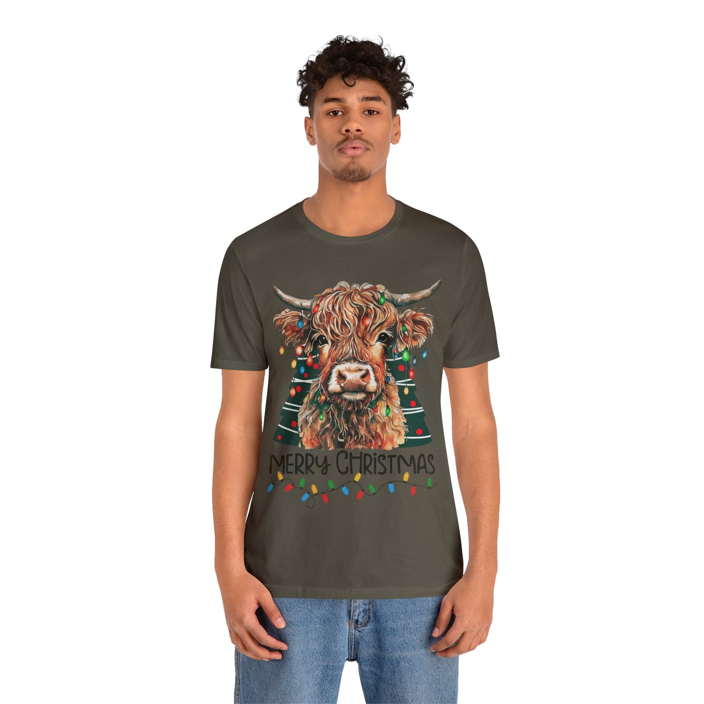 Merry Christmas Highland Cow Christmas Lights Tree Unisex Jersey Short Sleeve Tee