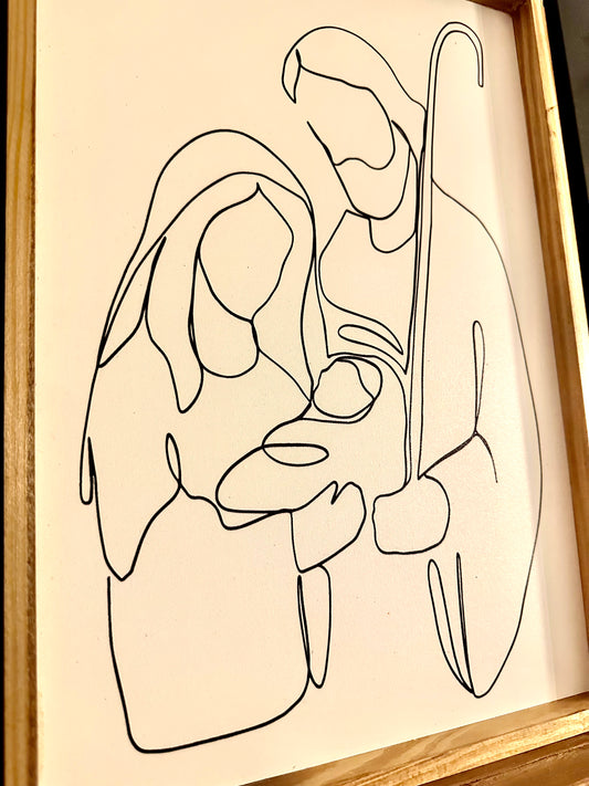 Line Art Mary and Joseph Jesus christmas wood sign