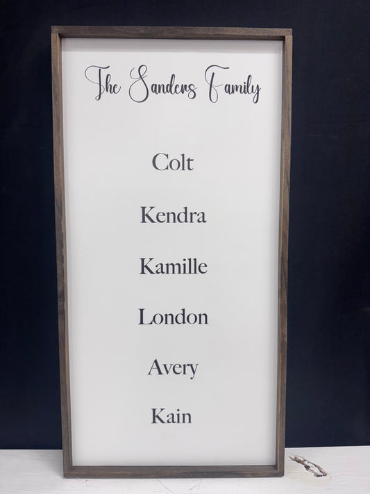 Personalized Last name and Listed family names wood framed sign
