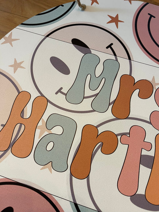 Retro Groovy Smiley Face Colorful Circle Teacher Name Sign; Round wood sign