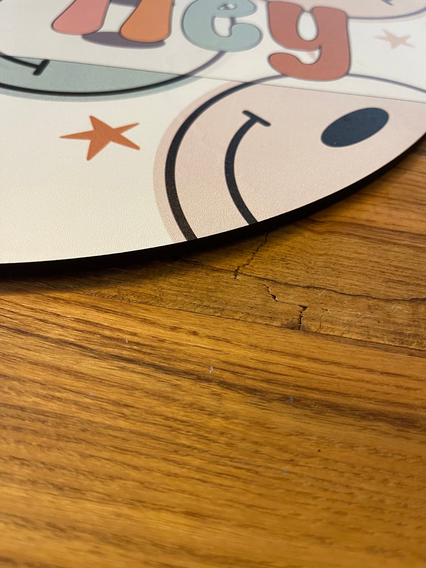 Retro Groovy Smiley Face Colorful Circle Teacher Name Sign; Round wood sign