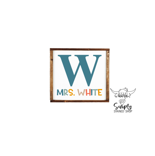 Custom personalized monogram boho neutral retroLast Name wood classroom sign