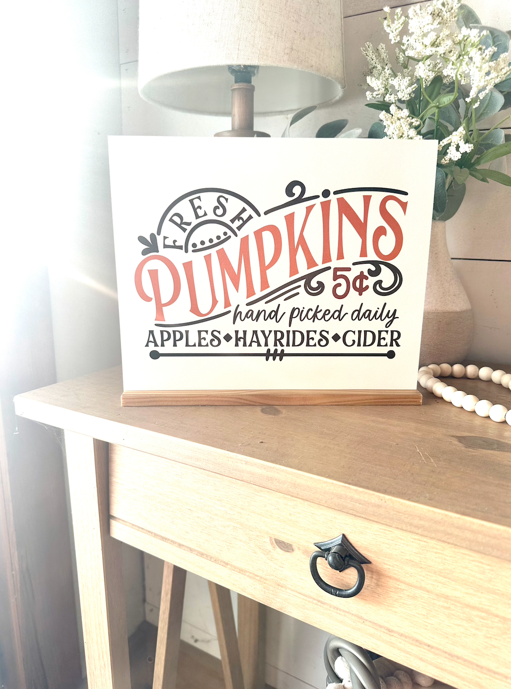 Fresh pumpkins hand picked new fall wood sign