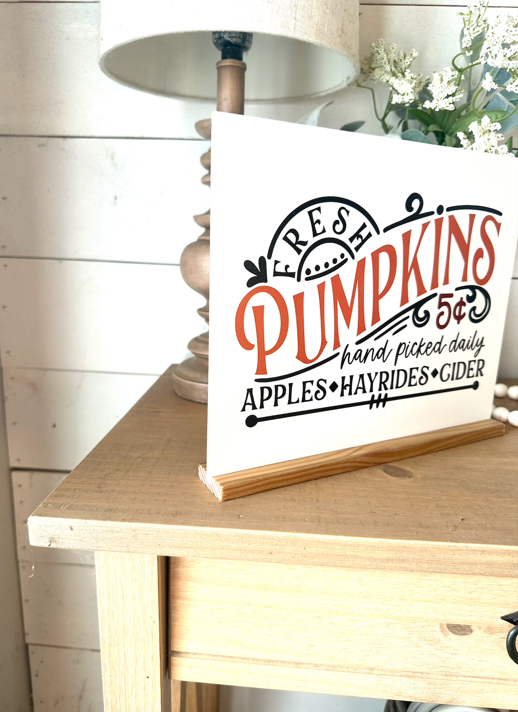 Fresh pumpkins hand picked new fall wood sign