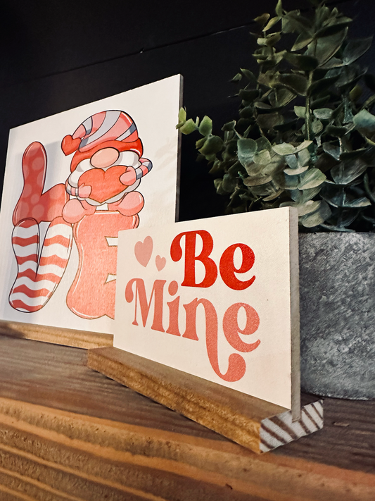 Valentines Day 2024 Wood Signs Be Mine Gnome Hugs and Kisses Pink and Red Cute Heart Mini signs