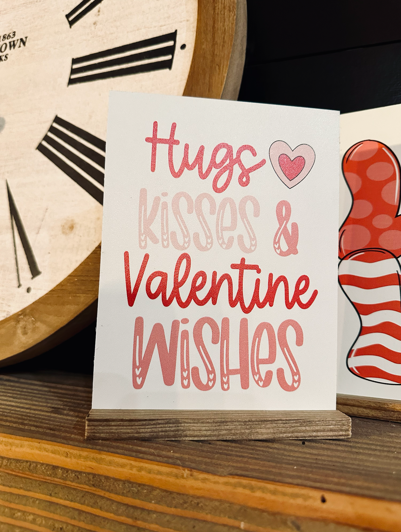 Valentines Day 2024 Wood Signs Be Mine Gnome Hugs and Kisses Pink and Red Cute Heart Mini signs