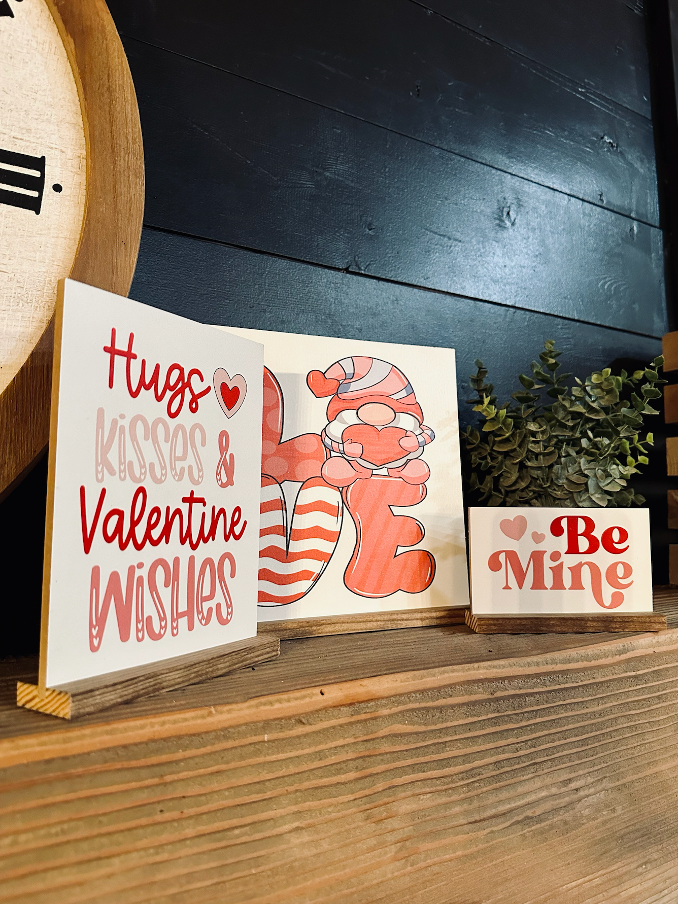 Valentines Day 2024 Wood Signs Be Mine Gnome Hugs and Kisses Pink and Red Cute Heart Mini signs