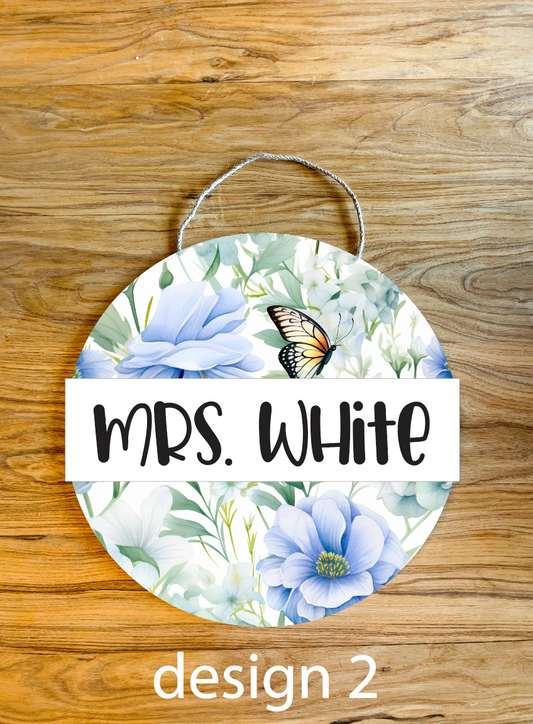 Watercolor Floral Butterfly Personalized Custom Teacher Name Spring Classroom Wood Sign