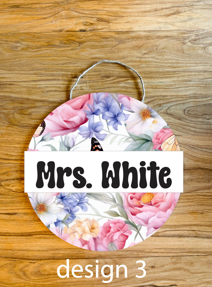 Watercolor Floral Butterfly Personalized Custom Teacher Name Spring Classroom Wood Sign