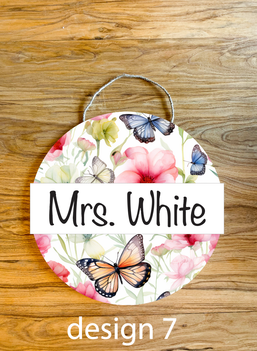 Watercolor Floral Butterfly Personalized Custom Teacher Name Spring Classroom Wood Sign