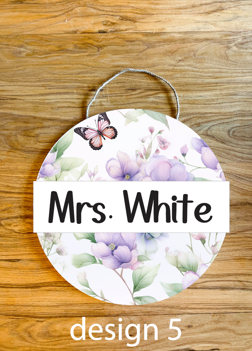 Watercolor Floral Butterfly Personalized Custom Teacher Name Spring Classroom Wood Sign