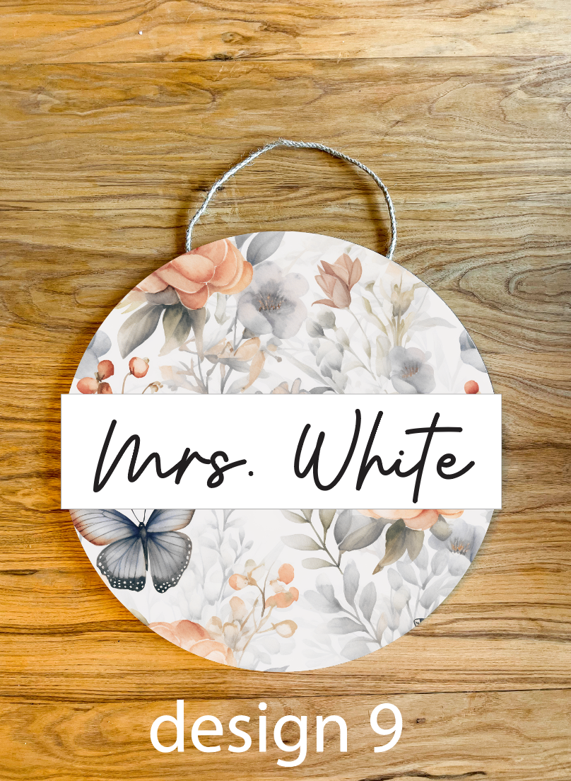 Watercolor Floral Butterfly Personalized Custom Teacher Name Spring Classroom Wood Sign