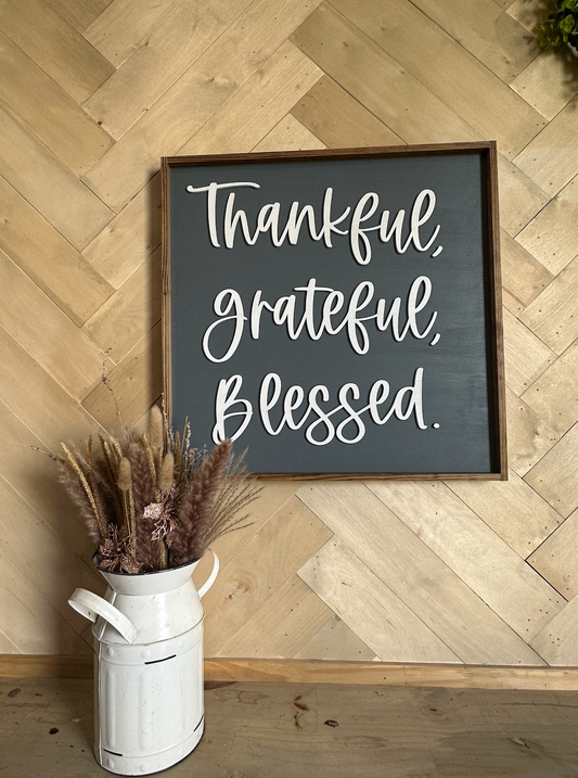 Thankful, Grateful, Blessed Fall 2024 farmhouse 3D raised letters cursive family wood sign