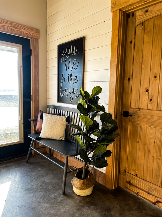 You me and the boys farmhouse cursive family wood sign