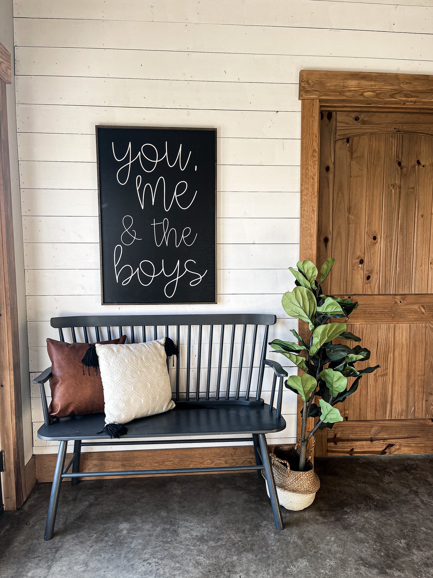 You me and the boys farmhouse cursive family wood sign