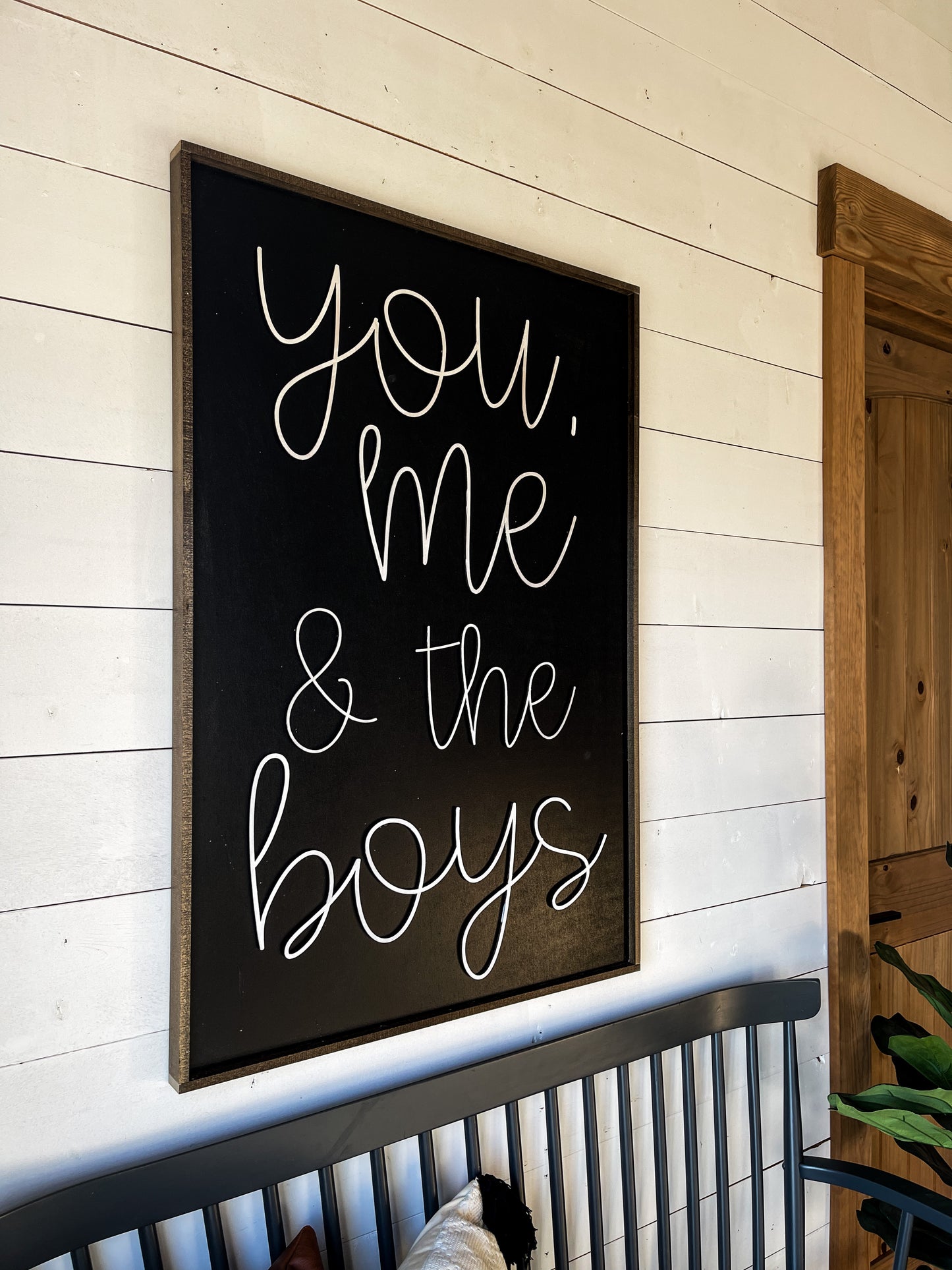 You me and the boys farmhouse cursive family wood sign