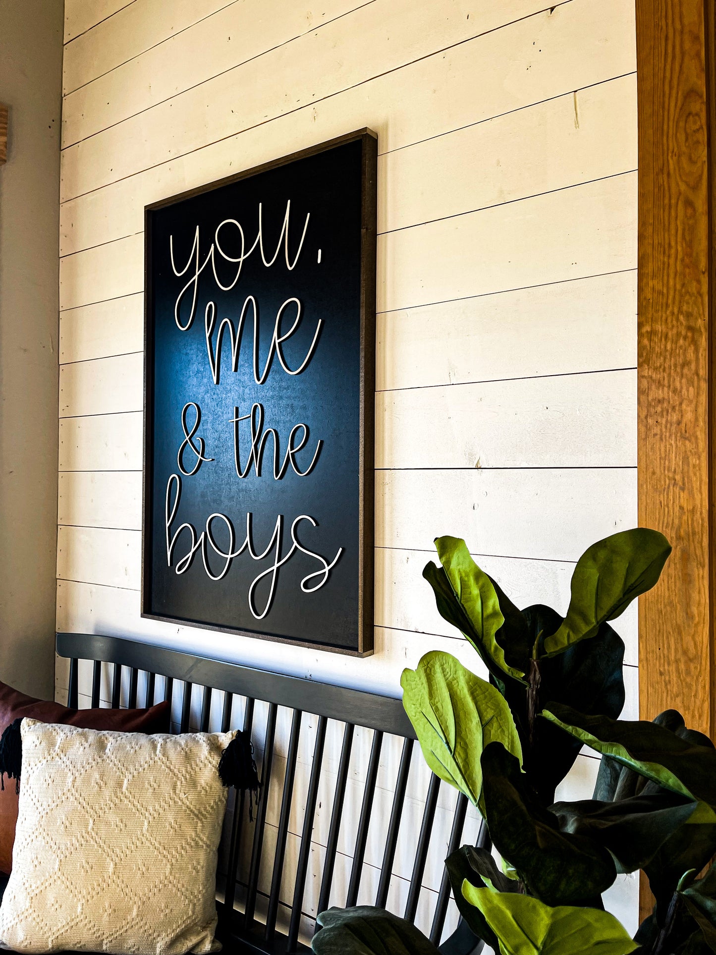 You me and the boys farmhouse cursive family wood sign