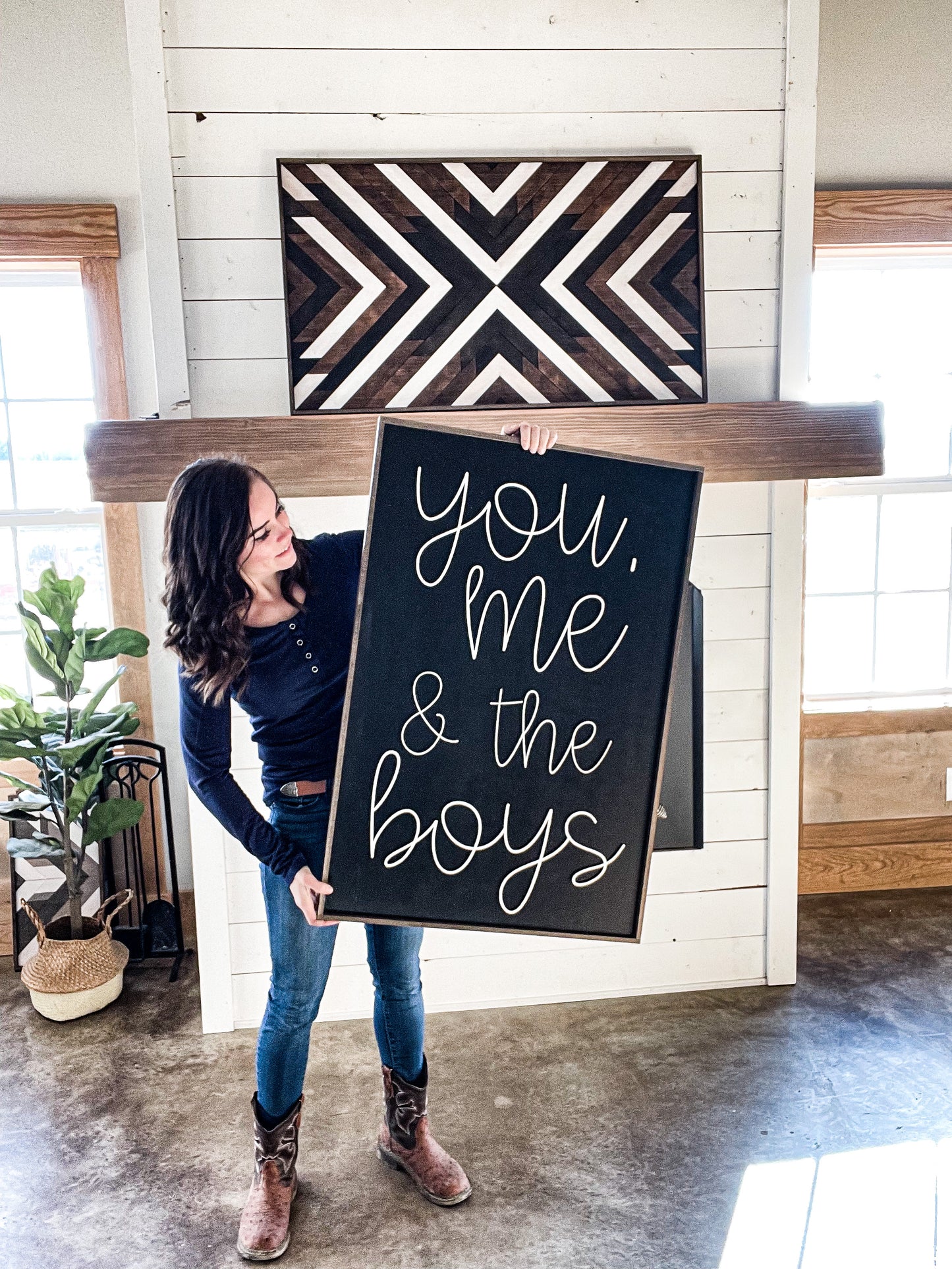 You me and the boys farmhouse cursive family wood sign