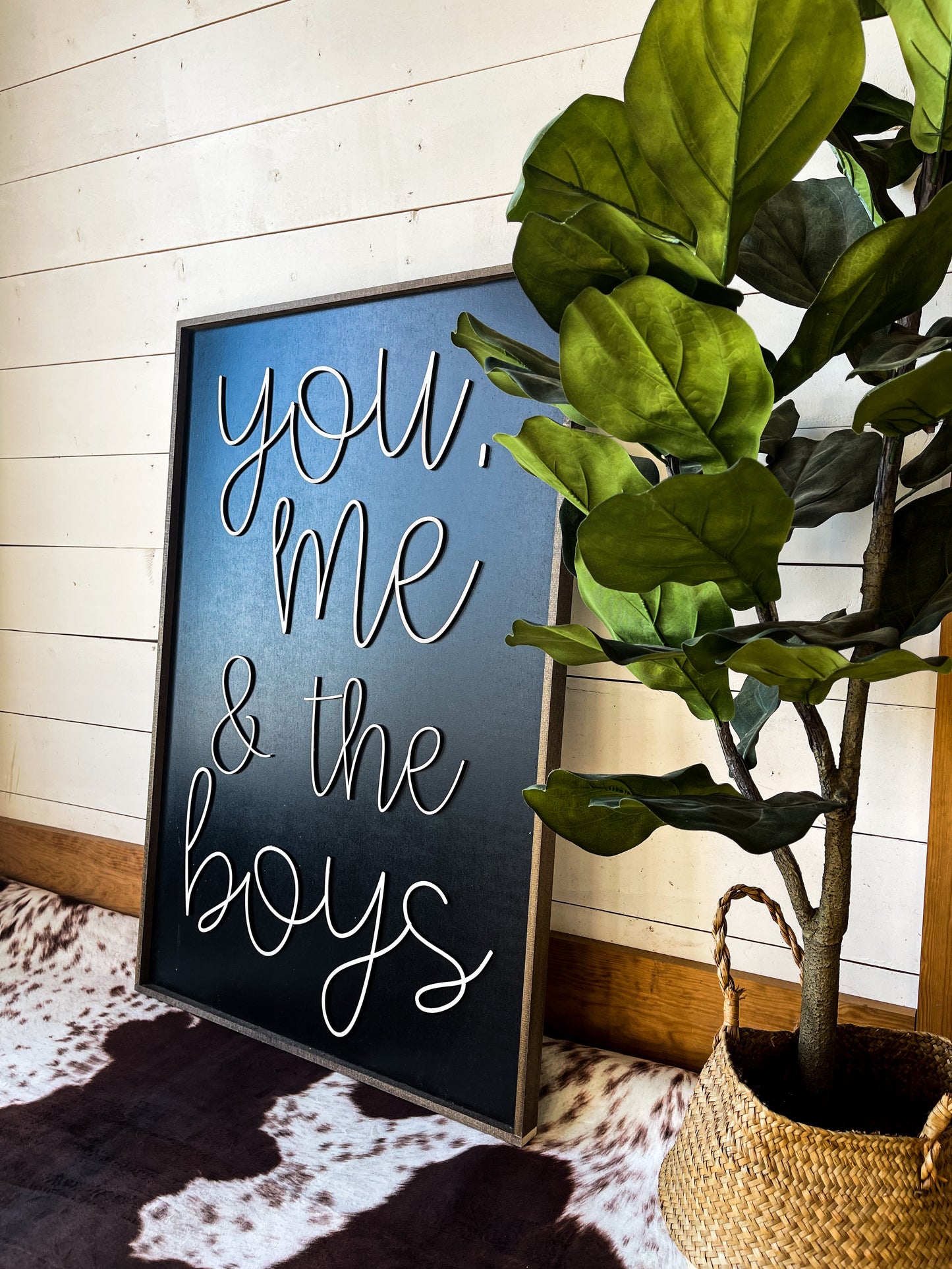 You me and the boys farmhouse cursive family wood sign