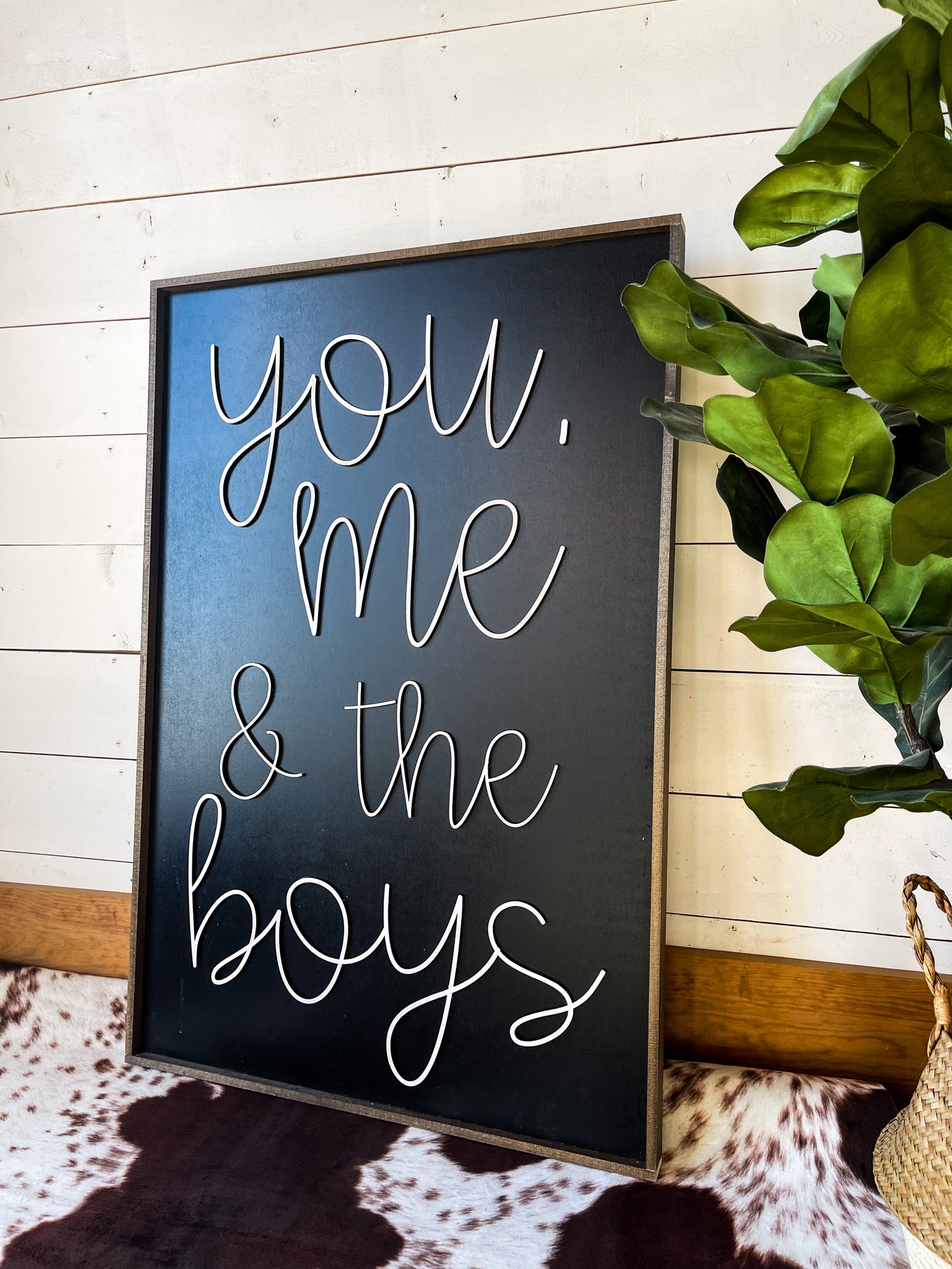 You me and the boys farmhouse cursive family wood sign