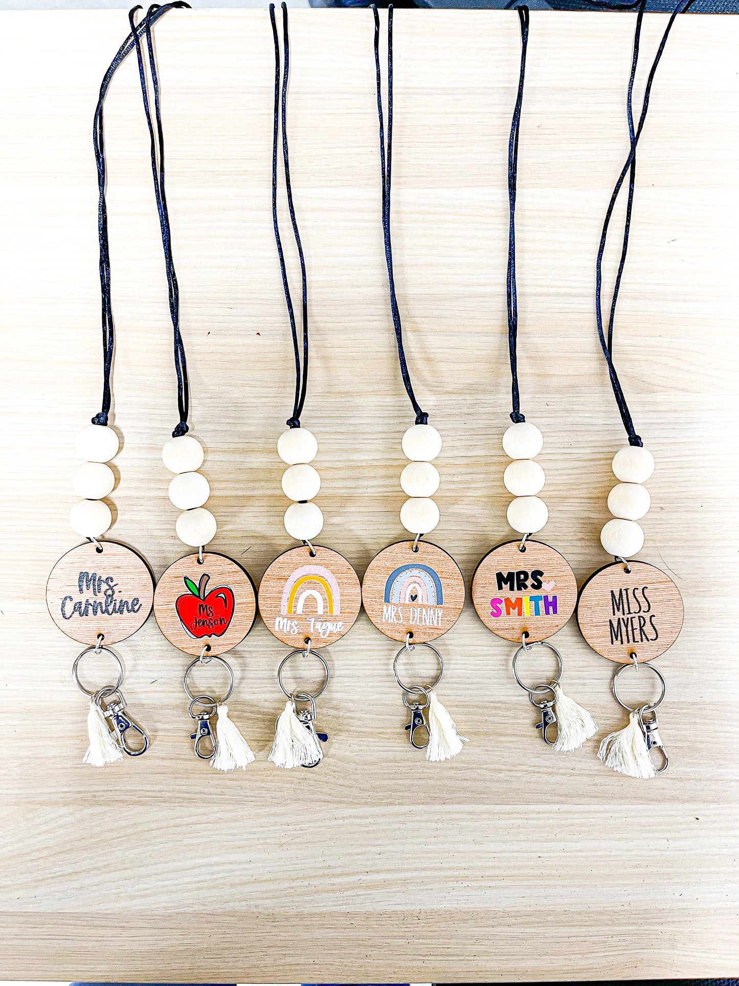 Personalized Custom Teacher Nurse Keychain Lanyard Farmhouse Bead Tassel wood sign