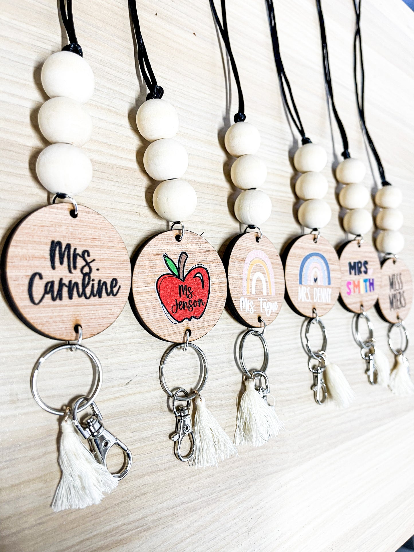 Personalized Custom Teacher Nurse Keychain Lanyard Farmhouse Bead Tassel wood sign