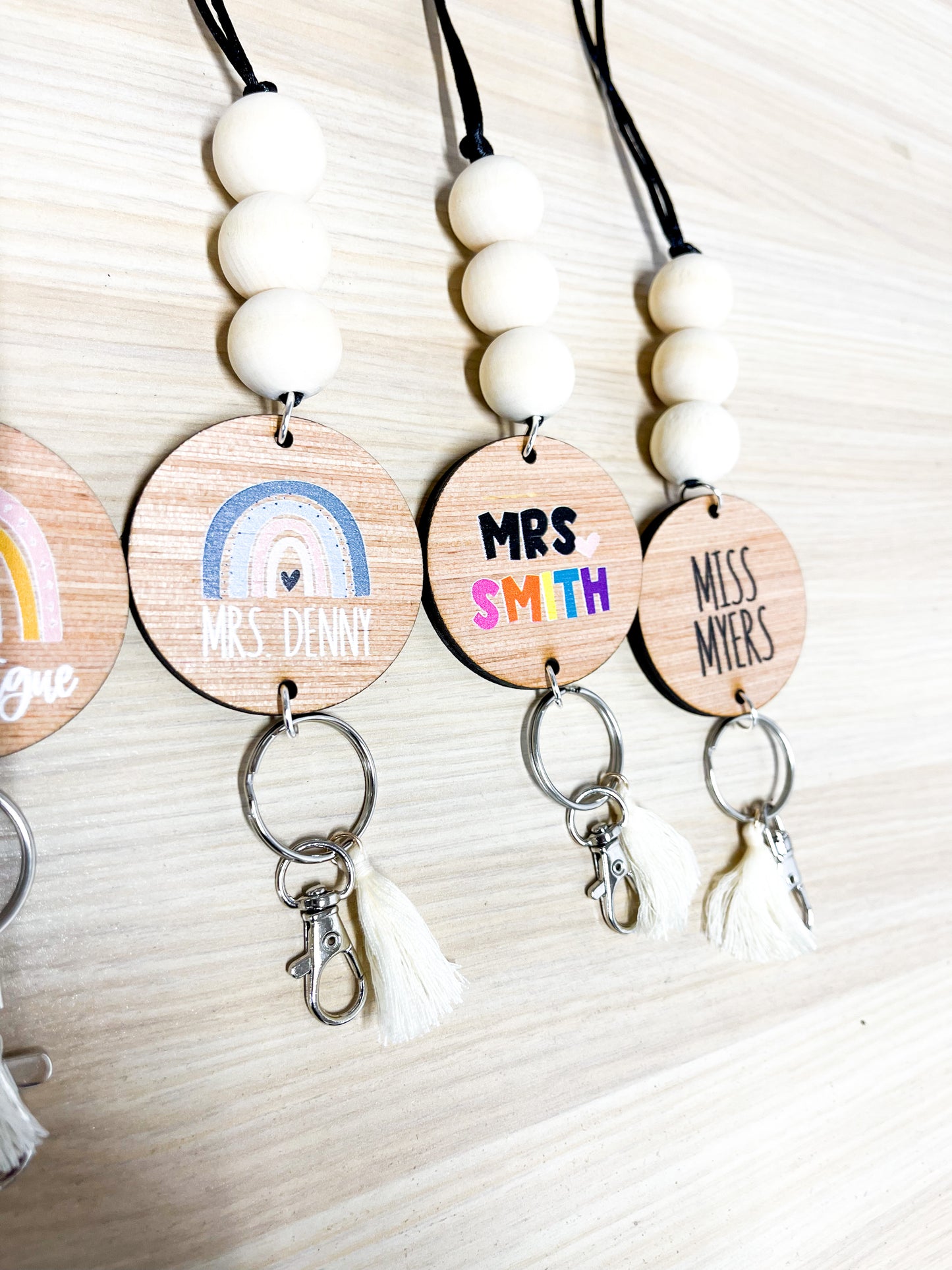 Personalized Custom Teacher Nurse Keychain Lanyard Farmhouse Bead Tassel wood sign