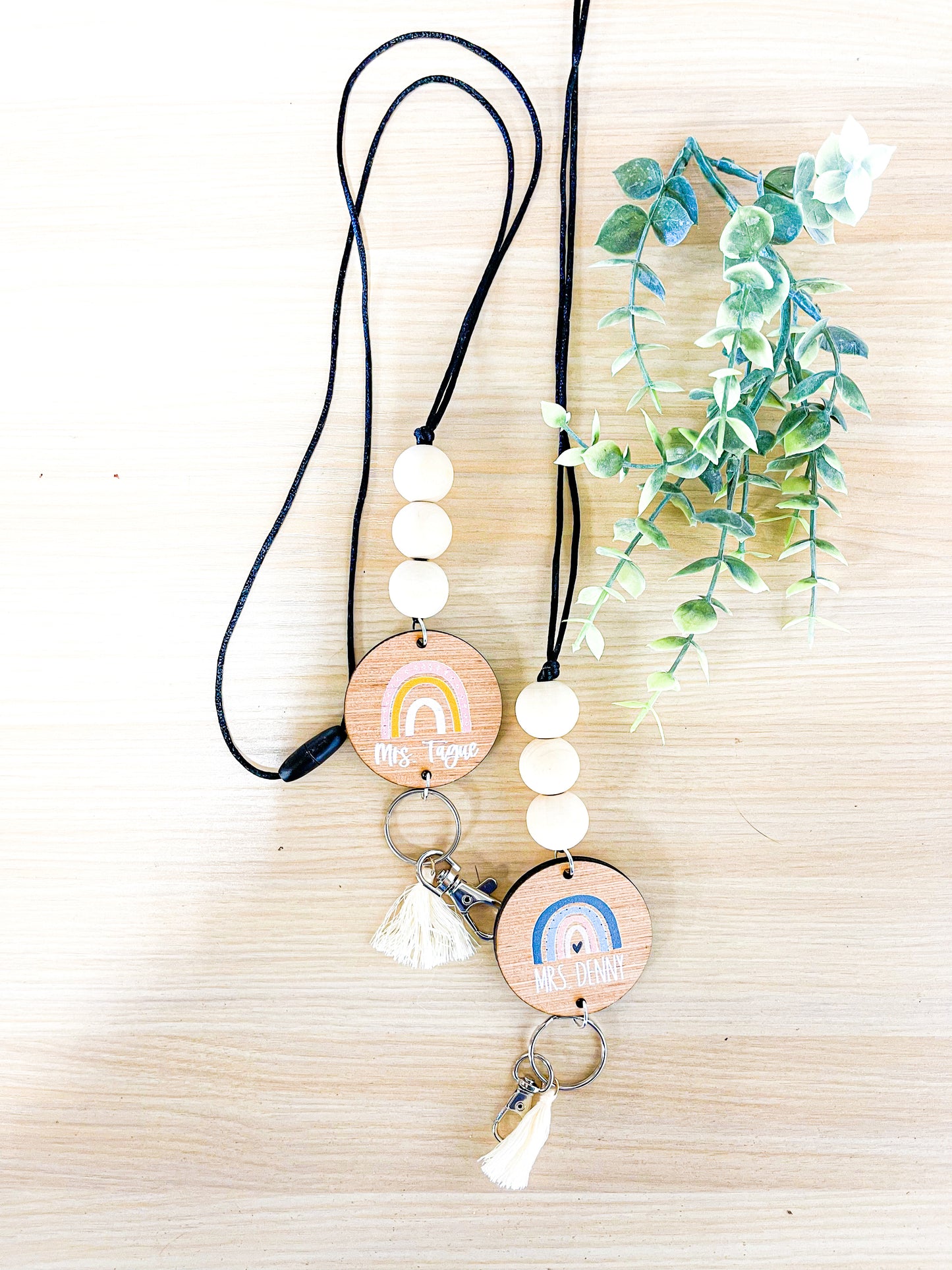 Personalized Custom Teacher Nurse Keychain Lanyard Farmhouse Bead Tassel wood sign