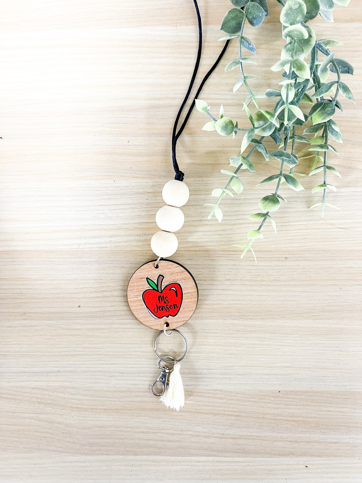 Personalized Custom Teacher Nurse Keychain Lanyard Farmhouse Bead Tassel wood sign