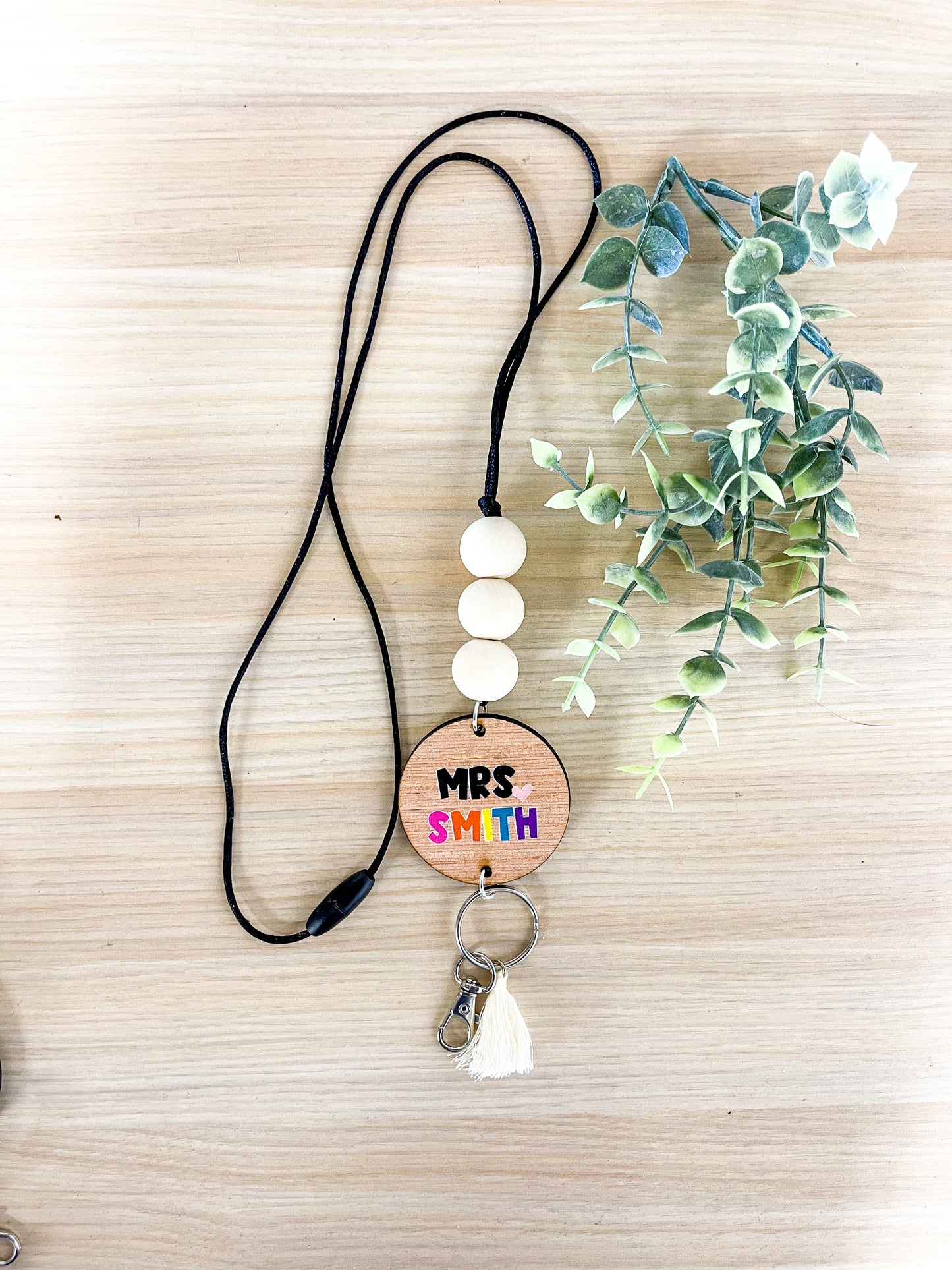 Personalized Custom Teacher Nurse Keychain Lanyard Farmhouse Bead Tassel wood sign