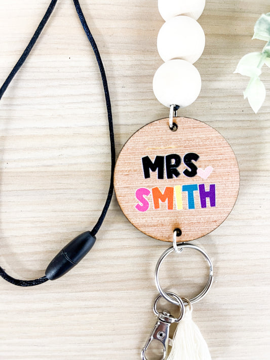 Personalized Custom Teacher Nurse Keychain Lanyard Farmhouse Bead Tassel wood sign