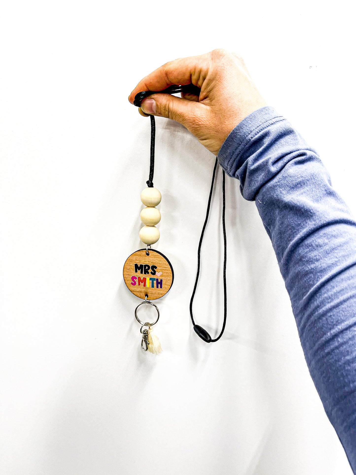 Personalized Custom Teacher Nurse Keychain Lanyard Farmhouse Bead Tassel wood sign