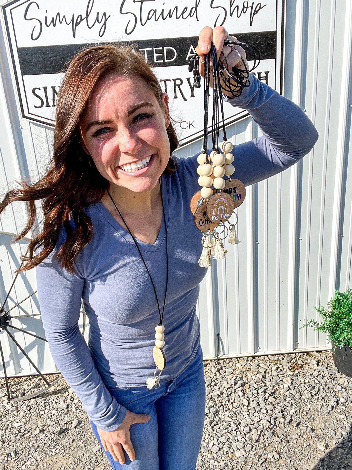 Personalized Custom Teacher Nurse Keychain Lanyard Farmhouse Bead Tassel wood sign
