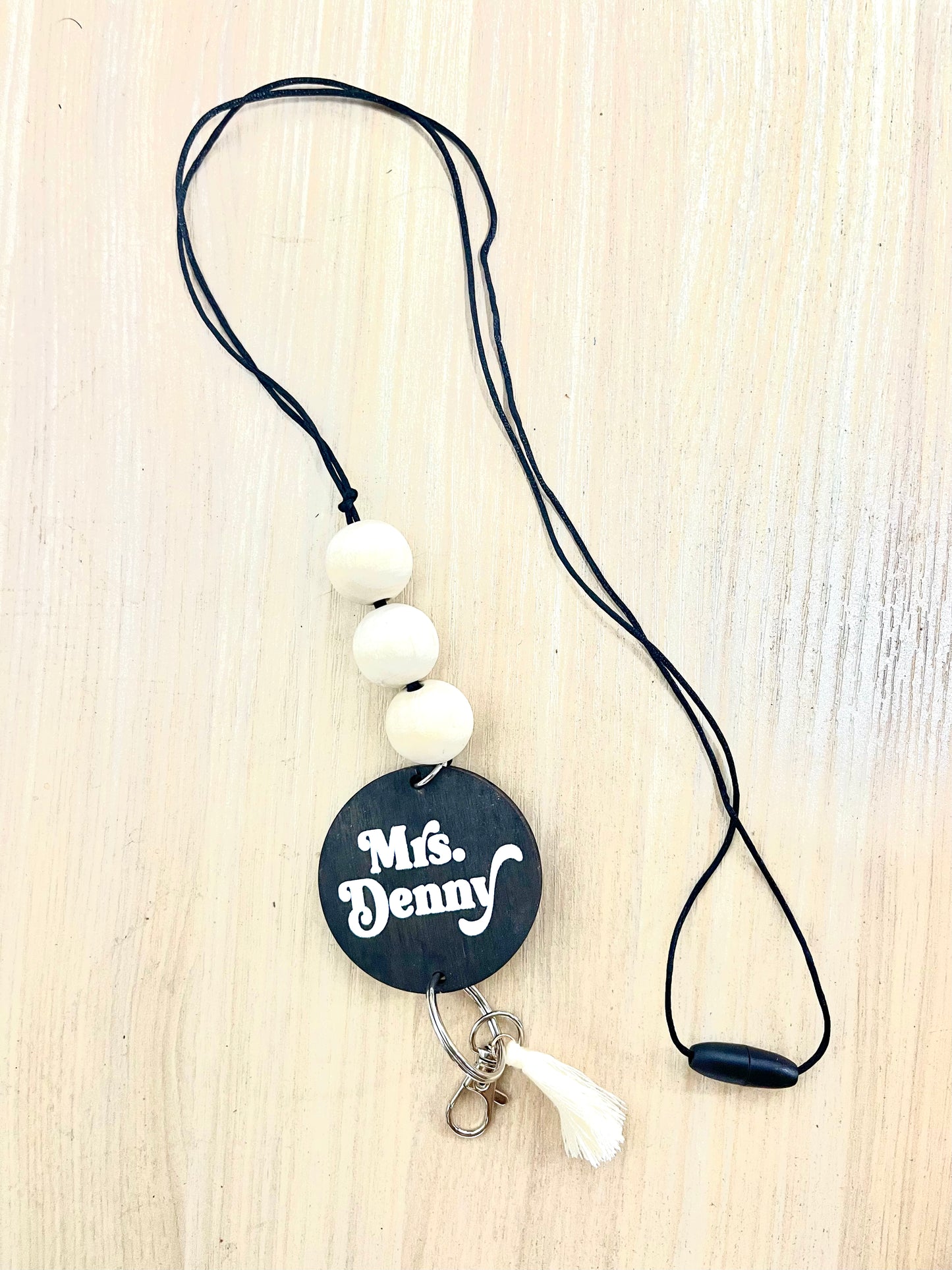Black Personalized Custom Teacher Nurse Keychain Lanyard Farmhouse Bead Tassel wood sign