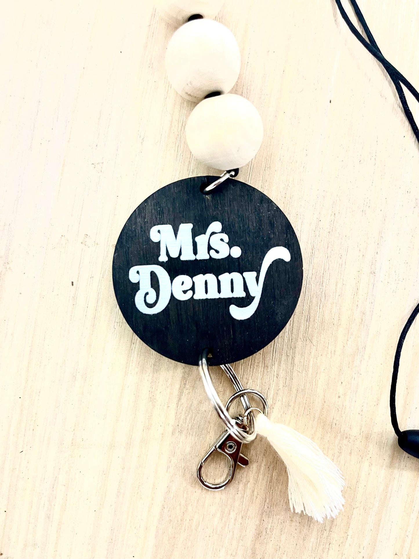 Black Personalized Custom Teacher Nurse Keychain Lanyard Farmhouse Bead Tassel wood sign