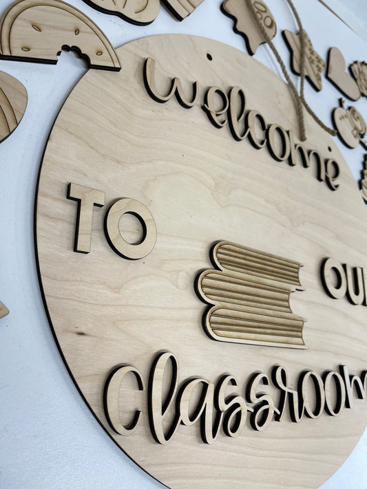 DIY Paint Kit, Welcome to our classroom seasonal change icon circle door hanging wood sign