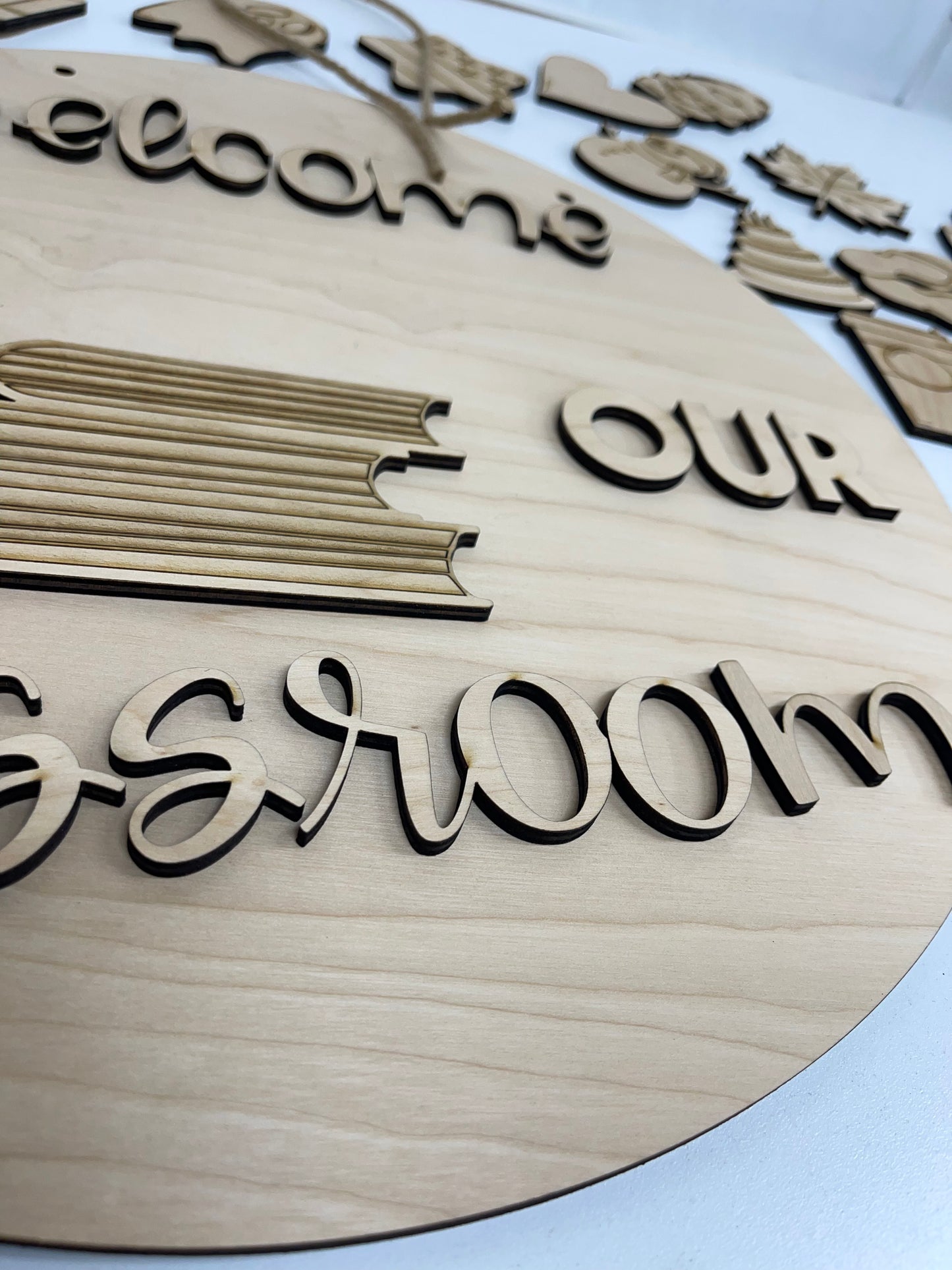 DIY Paint Kit, Welcome to our classroom seasonal change icon circle door hanging wood sign